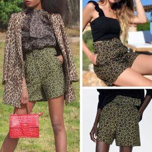 ZARA High Waisted Animal Leopard Print Belted Short Sz XS Green Black Brown